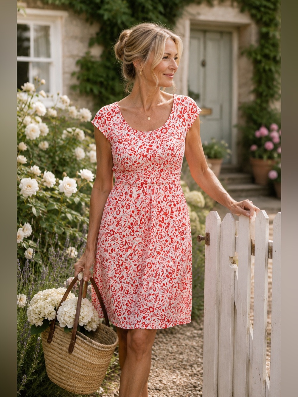Boden Red White Floral Print Jersey Sheath Dress Petite 6P Cottagecore